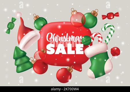 Weihnachts-Sale-Banner mit Weihnachtsdekorationen in grünen und roten Farben. Vektorgrafik im Cartoon 3D Stil Stock Vektor