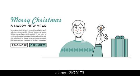 Mann mit einem Funker. Weihnachten, Neujahrsfest. Kreatives Banner, Webseite, Social-Media-Beitrag. Vektordarstellung in flacher Umrandung Stock Vektor