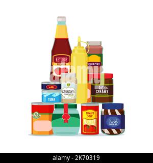 Konserven. Produkte in Gläsern metallischen Behältern und Flaschen. vector Hill aus Konserven Stock Vektor