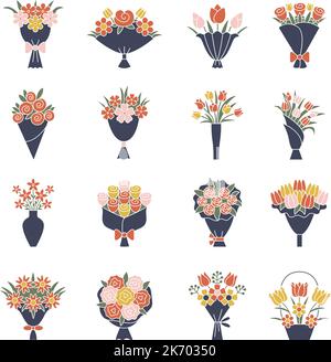 Dekorative Blumensträuße. Florale stilisierte Ornamente mit Blütenknospen Natur Blumensträuße jüngsten Vektor-Ikonen Sammlung Stock Vektor