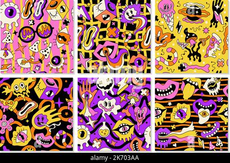 Psychedelischer Muster. Abstrakt nahtloser Hintergrund mit farbigen funky Symbole im Retro 70s Stil Emoticons Blumen Regenbogen Sterne jüngsten Vektor Stock Vektor