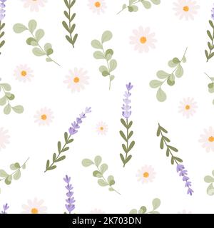 Nahtloses Muster aus Lavendel-Kamille-Eukalyptus. Niedlicher kuscheliger Kräuterdruck. Heilkräuter und Blumen. Wildwiese Kräuter Vektor Hintergrund Stock Vektor