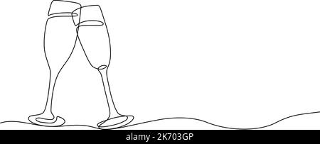 Zwei zusammenklinkende Sektgläser in einlinigen Design. Kreative Sekt Glas, kontinuierliche Linien Vektor-Banner. Design für Party, Jubiläum Stock Vektor