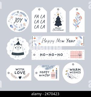 Geschenkanhänger für Weihnachtsbastelkunst. Weihnachten Geschenke Aufkleber, Vintage Urlaub Abzeichen. Florale rustikale Etiketten mit Doodle-Zweigen und rassigen Bären, saisonaler Vektor Stock Vektor