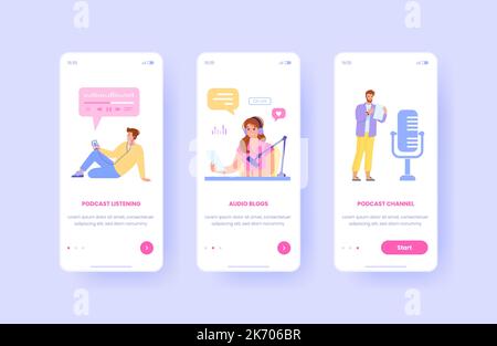 Podcast-Onboarding. Broadcast mobile App Telefon Bildschirm ui-Design, Menschen hören oder aufzeichnen Musikradio, Audio Vlogger Sprache Hörer Konzept, Player Interface Vektor Illustration von Bildschirm App Podcast Stock Vektor