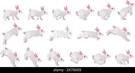 Kaninchen-Animation. Bunny Sprung oder animierte Lauf-Bewegungszyklus für 2D Spiel, Geschwindigkeit laufen Hase Tier Sequenz Frame set Sprite Blatt verschiedene Bewegung, Vektor-Illustration der animierten Tier-Sequenz Stock Vektor