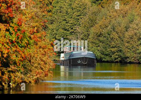 Ein Schiff, das entlang der Aire & Calder Navigation in Woodlesford, Leeds, West Yorkshire, Großbritannien, fährt Stockfoto