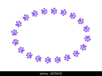 Ovaler Rahmen mit Fußabdrücken für Tierpfoten. Niedliche Vorlage für Hund oder Katze Foto, Gruß oder Einladungskarte, Bild, Banner isoliert auf weißem Hintergrund. Vektorgrafik flach Stock Vektor