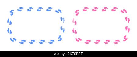 Rechteckiger Rahmen mit Baby-Fußabdrücken. Vorlage für Jungen oder Mädchen Geburtstag, Baby-Dusche, Geschlecht zeigen, Schwangerschaft oder willkommen Neugeborenen Party Einladung oder Grußkarte. Vektorgrafik flach Stock Vektor