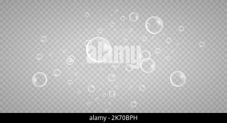 Eine Reihe von bunten und bunten Seifenblasen, um ein Design zu schaffen. Isolierte, transparente, realistische Seifenblasen auf transparentem Hintergrund. Stock Vektor