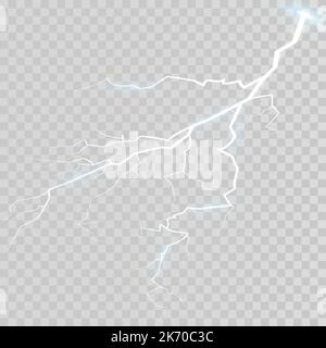 Set von Blitz magischen und hellen Lichteffekt. Gewitter mit Blitzen und Wolken. Vektorgrafik. Entladen Sie elektrischen Strom. Aufladen Stock Vektor