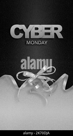 Cyber Monday Text mit silbernem glänzenden Band Schleife isoliert auf schwarzem und silbernem Glanz Textur Hintergrund, Geschenkkarte, Werbe-oder Werbebanner, Stockfoto