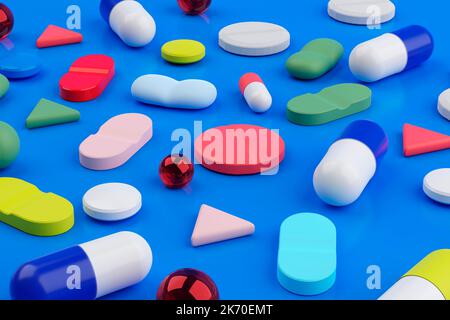 Ein Hintergrund gefüllt mit verschiedenen medizinischen Pillen und Kapseln für die Gesundheit. Stockfoto