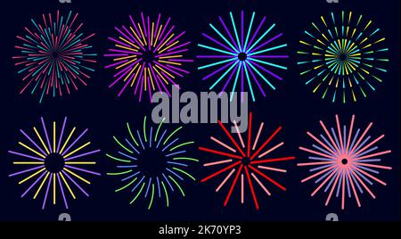 Feuerwerk Farbe hellen Satz. Feier Feuerfeuerwerk weihnachten Neujahr Karneval Pyrotechnik Feuerwerkskörper, Nachtfest, Geburtstagsfeier. Sonnenstrahlen im Vintage-Stil. Radiale Lichtstrahlen grüßen Funken Stock Vektor