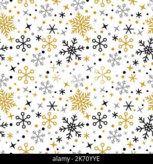 Schneeflocke schwarz Gold Silber linear nahtloses Muster. Winter verzierten Eisstern Hintergrund. Schneeflocken wiederholen Ornament. Weihnachtspapier, Stoffdruck, Tapetendekor. Frostige Weihnachten Neujahrsverpackung Stock Vektor