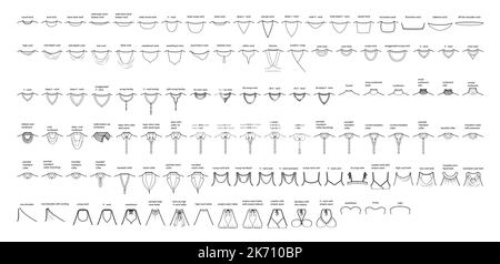 Set von Halsbändern Kleidung - Kragen, Plaketten, Strick, Pullover, Tops, Trägerlose, Rollkragenpullover, Tank, Halter technische Mode Illustration. Flache Bekleidungsvorlage Vorderseite. Frauen, Männer Unisex-CAD-Modell Stock Vektor