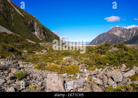 Mount Tasman Valleys, Aoraki Mt Cook Nationalpark Südliche Alpen Berg Südinsel Neuseeland Stockfoto