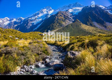 Mount Tasman Valleys, Aoraki Mt Cook Nationalpark Südliche Alpen Berg Südinsel Neuseeland Stockfoto
