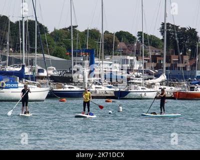 Paddleboarding auf dem Hamble River, Hamble-Le-Rice, Hampshire, England, Großbritannien Stockfoto