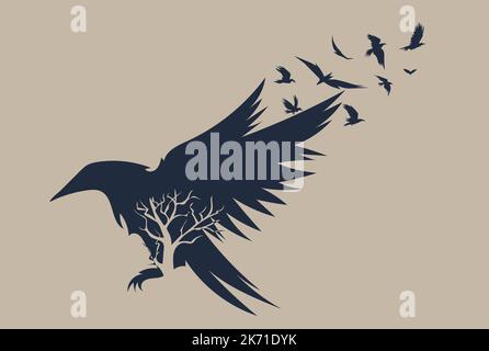 Skizze eines fliegenden Raben. Handgezeichnete Illustration in Vektor umgewandelt. Vektorgrafik Stock Vektor