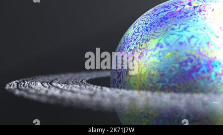 3D Hyper-realistische Darstellung eines abstrakten Objekts mit flüssiger Marmoreffekt-Textur und lebendigen und lebendigen Farben, die einem imaginären Planeten ähneln Stockfoto