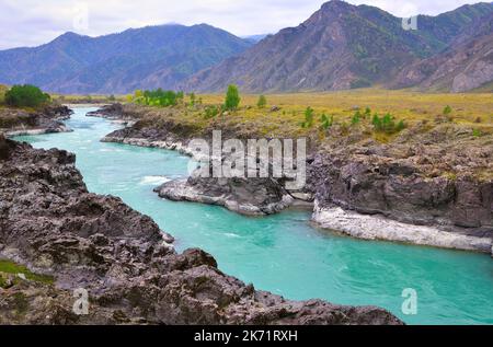 Stromschnellen von Orocto am Katuni River. Felsige Ufer eines Gebirgsflusses mit smaragdgrünem Wasser. Altai-Republik, Sibirien, Russland, 2022 Stockfoto