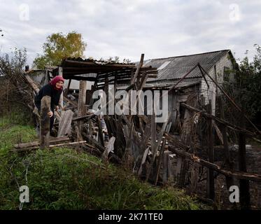 Lyman, Ukraine. 14. Oktober 2022. Ein Bewohner von Lyman sah Feuerholz sammeln. Obwohl in der Ostukraine mehr Siedlungen befreit wurden, sind viele große Infrastrukturen nach wie vor durch den Krieg beschädigt. Die Bewohner von Lyman leben ohne Strom, Gas und fließendes Wasser. Die Behörden sind sich nicht sicher, ob sie diese Dienste in naher Zukunft wiederherstellen könnten. Während sich einige Bewohner Sorgen machen, als der Winter naht und mit dem Sammeln von Brennholz begonnen hat, beschlossen einige, in eine nahe gelegene Stadt mit besserer Infrastruktur evakuiert zu werden. Kredit: SOPA Images Limited/Alamy Live Nachrichten Stockfoto