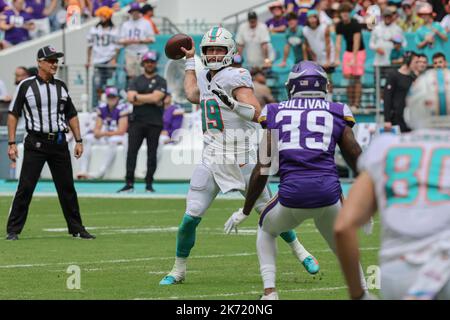 Sonntag, 16. Oktober 2022; Miami Gardens, FL USA; Miami Dolphins Quarterback Skylar Thompson (19) fällt zurück und sucht während einer nach einem offenen Empfänger Stockfoto