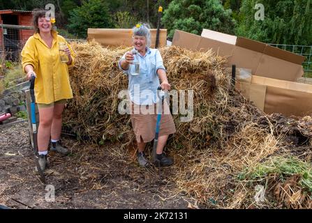 Zwei Frauen trinken Wasser aus Gläsern während einer Pause beim Drehen eines großen Komposthaufen in einem kleinen Marktgarten in einem Vorort Stockfoto