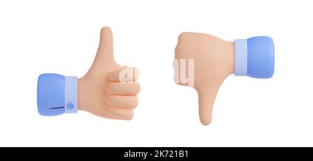 3D Render Satz von wie und nicht wie Hand Zeichen Symbole isoliert auf weißem Hintergrund. Darstellung der Geste „Daumen hoch“ und „Daumen runter“. Symbol für Zustimmung und Ablehnung. Social-Media-Feedback-Emoji-Design Stockfoto