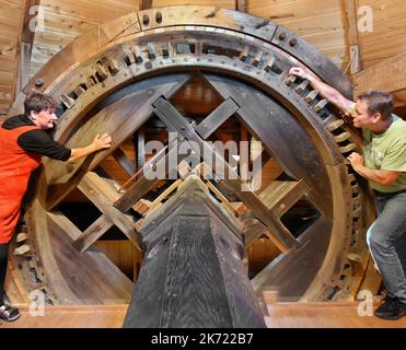 Krostitz, Deutschland. 10. Oktober 2022. Anke und Andreas Hüttner (l-r) bereiten sich darauf vor, das mehrere Tonnen schwere Kammrad im Kreativraum und auf dem Boden ihrer Turmwindmühle aus dem Jahr 1883 im nordsächsischen Kupsal zu drehen. Vor vier Jahren tauschten die beiden Finanzoffiziere Andreas und Anke Hüttner ihre Wohnung in der Großstadt Leipzig für das Leben im Turm der weißen Windmühle. (To dpa 'Sleeping Behind Windmill Wings - couple lives in old Mill') Quelle: Waltraud Grubitzsch/dpa/Alamy Live News Stockfoto