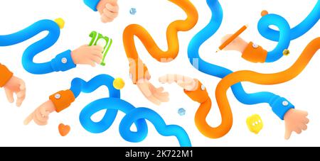 3D Render lange flexible Arme, Charakter mäandernde Hände mit Zeigefinger, Daumen nach oben und unten, schreiben und halten Geldrechnung isoliert auf weißem Hintergrund, Cartoon-Illustration in Kunststoff-Stil Stockfoto