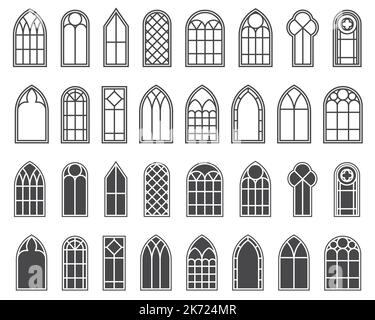 Kirchenfenster gesetzt. Silhouetten von gotischen Bögen in Linie und Glyphe klassischen Stil. Alte Kathedralenglasrahmen. Mittelalterliche Inneneinrichtung. Vektor Stock Vektor