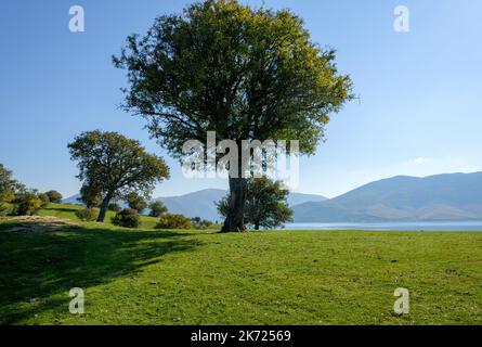 Wunderschöne Landschaft mit Blick auf den Prespa-See von einem Hügel auf der Insel Agios Achilios, Region Florina, Griechenland Stockfoto