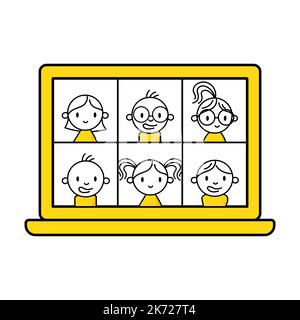 Die Leute werden auf dem Computerbildschirm mit einem Kollegen zusammen aufgenommen. Konzept des Arbeitsplatzes für Videokonferenzen und Online-Meetings. Vektorgrafik. Stock Vektor