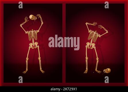 Skelett jongliert mit seinem Schädel und verliert seinen Kopf während einer gruseligen, gruseligen, lustigen halloween-Performance auf einer Theaterbühne. Stockfoto