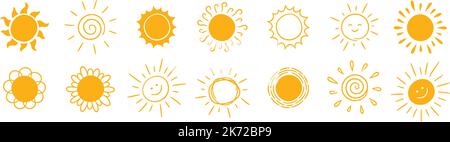 Doodle verschiedene Sonnensymbole gesetzt. Kritzelte gelbe Sonne mit Strahlen Symbole. Doodle Kinder Zeichnungen Sammlung. Handgezogener Burst. Schild für heißes Wetter. Vektor Stock Vektor