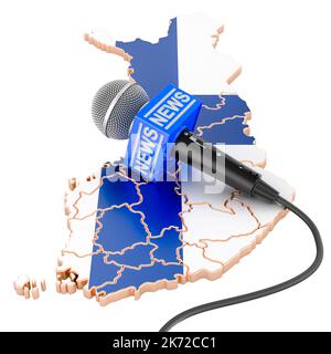Finnisches Nachrichtenkonzept, Mikrofonnachrichten auf der Landkarte von Finnland. 3D Darstellung isoliert auf weißem Hintergrund Stockfoto
