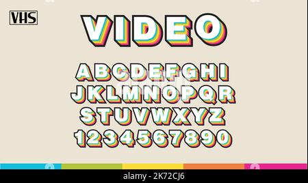 VHS Alphabet der 90er, Raibow colors sans serif Buchstaben und Zahlen. Analoge Retro-Schrift. Stock Vektor