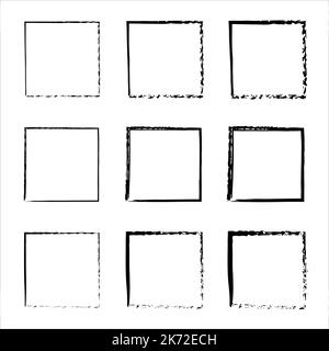 Sammlung von quadratischen schwarzen handgezeichneten Grunge Rahmen. Vektor schwarz bemalte Quadrate. Vektorrahmen Grunge Vorlagensatz. Stock Vektor