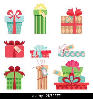 Cartoon Set von farbigen Geschenkboxen, einzeln. Objekt ausschneiden. Geburtstag, Verkauf, Stock Vektor