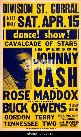 Vintage-Konzertposter feat Johnny Cash, Rose Maddox, Buck Owens und Gordon Terry Tennessee Two, Division St Corral, Ende 1950s Stockfoto