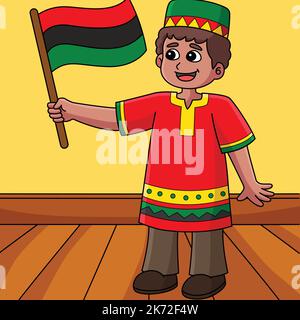 Kwanzaa Junge mit einer Flagge farbige Cartoon Stock Vektor