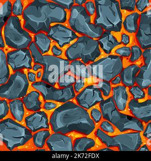 Lava, Magma mit Steinen im Cartoon-Stil nahtlose Muster Hintergrund. Eruptionseffekt, Landschaft. Struktur, Design. Vektorgrafik Stock Vektor