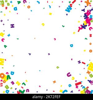 Fallende Buchstaben der englischen Sprache. Helle fliegende Wörter des lateinischen Alphabets. Fremdsprachen Studienkonzept. Schönes weißes Banner für die Schule Stock Vektor