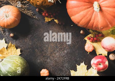 Thanksgiving-Tageskonzept Herbsthintergrund mit Kürbissen, Äpfeln und Ahornblättern. Flach Lay Herbst Zusammensetzung. Stockfoto