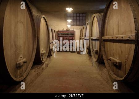 Antiker unterirdischer Weinkeller mit Eichenholzfässern für die Weinalterung Stockfoto