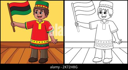 Kwanzaa Boy Holding a Flag Coloring Illustration Stock Vektor