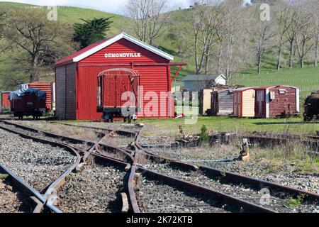 Eisenbahngüterschuppen, Ormondville, Tararua District, North Island, Neuseeland Stockfoto