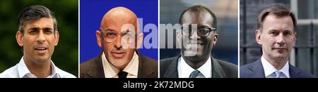 Undatierte Fotos der vier Abgeordneten, die innerhalb von vier Monaten das Amt des Schatzkanzlers bekämt haben. (Von links nach rechts) Rishi Sunak (ernannt 13/02/2020), Nadhim Zahawi (bestellt 05/07/22), Kwasi Kwarteng (bestellt 06/09/22) und Jeremy Hunt (bestellt 14/10/22). Ausgabedatum: Montag, 17. Oktober 2022. Stockfoto